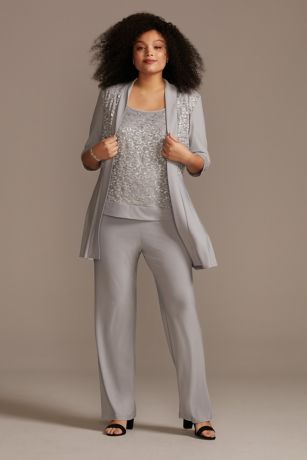mock two piece lace and jersey pant suit