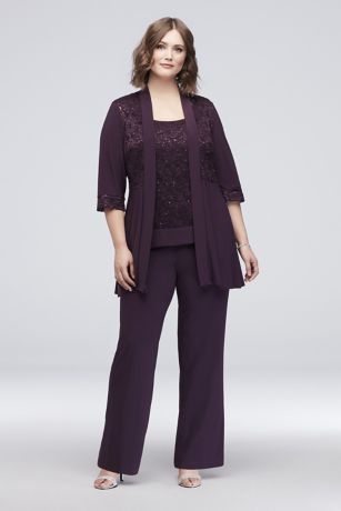 mock two piece lace and jersey pant suit