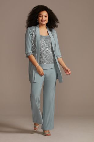 mock two piece lace and jersey pant suit