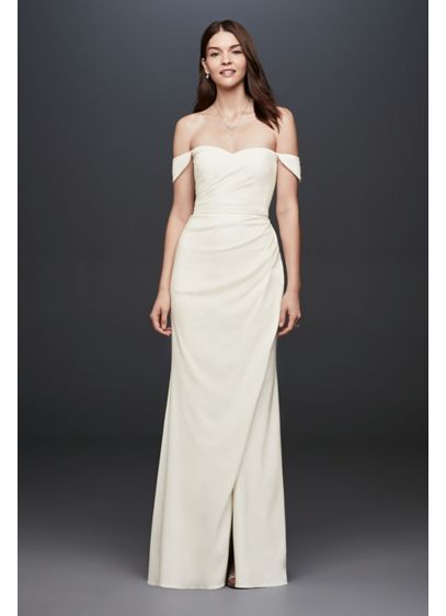 Off The Shoulder Crepe Sheath Petite Gown David s Bridal Off The Shoulder Crepe Sheath Petite Gown David s Bridal