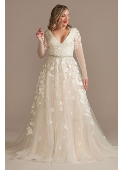 Illusion Long Sleeve Plunge Petite Wedding Dreess - This captivating illusion long sleeve wedding dress catches