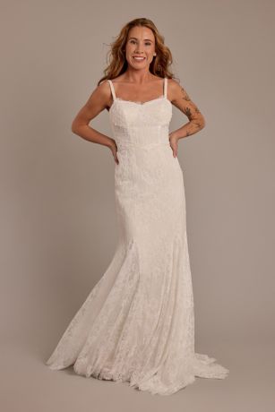 Melissa Sweet Spaghetti Strap Lace Mermaid Wedding Dress in Solid Ivory Size: 6P David's Bridal