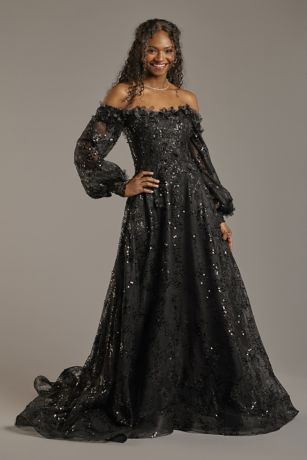 Picture of Melissa Sweet Billowy Long Sleeve Off-The-Shoulder Wedding Dress in Black Size: 10P David's Bridal