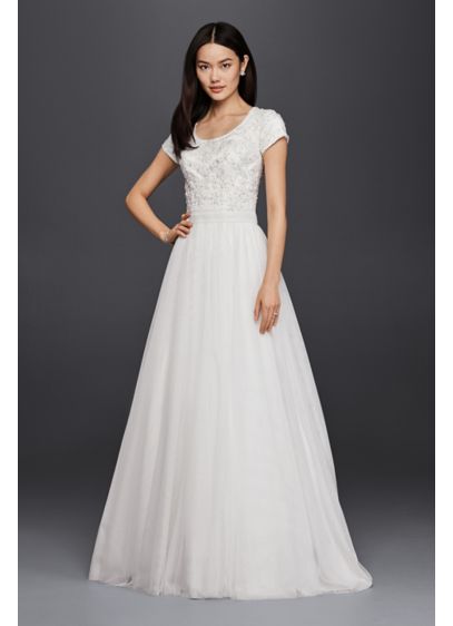 Modest Short Sleeve Petite A-Line Wedding Dress | David's ...