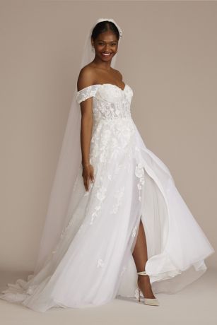 Picture of Galina Signature Floral Tulle Wedding Dress With Removable Sleeves in Solid White Size: 6P David's Bridal
