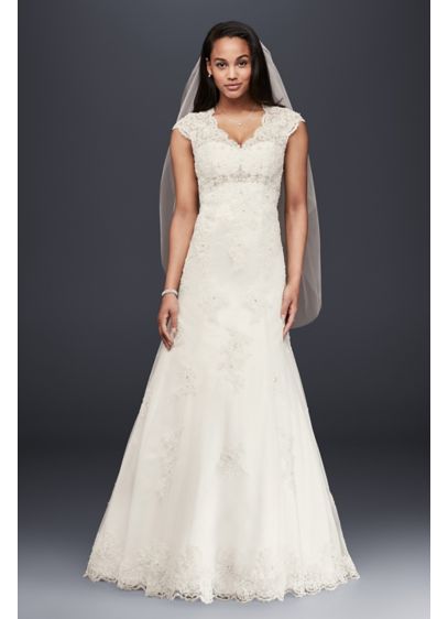 Petite Lace  Satin Wedding  Dress  with Cap  Sleeves  David s  Petite Lace  Satin Wedding  Dress  with Cap  Sleeves  David s