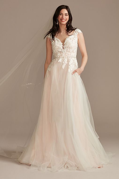 DB Studio Appliqued Cap Sleeve Tulle Ball Gown Wedding Dress