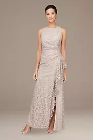 Alex Evenings Glitter Lace Sheath Gown with Skirt Slit