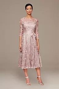 Alex Evenings Embroidered A-Line Midi Dress with Tie Belt