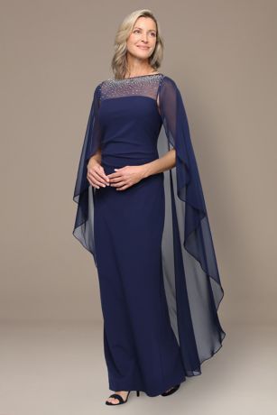 Picture of Long Stretch Crepe Column Dress with Chiffon Cape