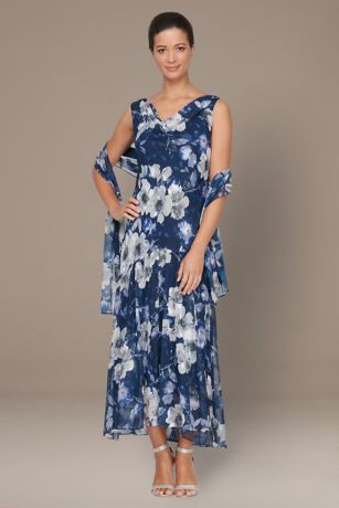 Picture of Sleeveless Printed Cowl Neck Dress With Shawl