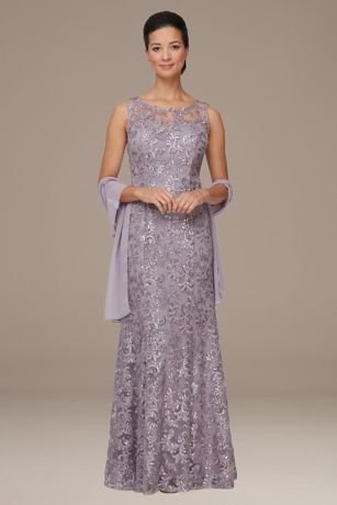 Picture of Petite Embroidered Mesh Illusion Gown with Shawl