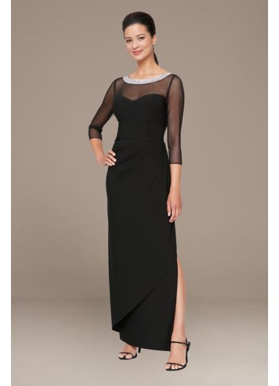 Petite Ruched Sheath with Beaded Illusion Neckline - In this petite sheath dress, you'll feel like