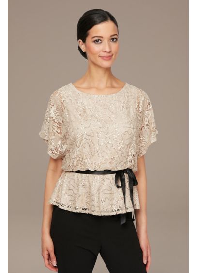 Blouson Sequin Lace Blouse with Tie Belt - Adorned with shimmering sequins, stretch knit fabric shapes