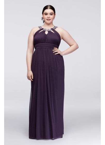 Ruched Jersey Plus Size Dress with Beaded Neckline David Ruched Jersey Plus Size Dress with Beaded Neckline David