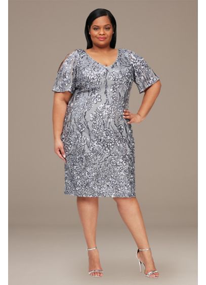 Plus Floral Sequin Sheath with Flutter Sleeves - Made from stretch fabric, this short flutter-sleeve sheath