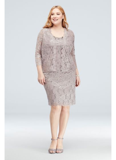 Beaded Neck Sequin Lace Plus Size Dress and Jacket | David's Bridal