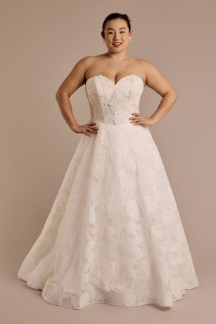 Picture of Oleg Cassini Strapless Floral Organza Ball Gown Wedding Dress in Soft White Size: 26W David's Bridal