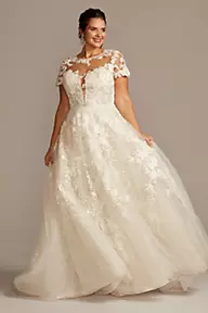 Oleg Cassini Lace Illusion Cap Sleeve Ball Gown Wedding Dress