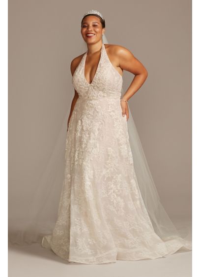 Beaded Lace Halter A-line Plus Size Wedding Dress - This halter ball gown wedding dress combines elegance