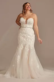 Oleg Cassini Lace Applique Mermaid Strapless Wedding Dress
