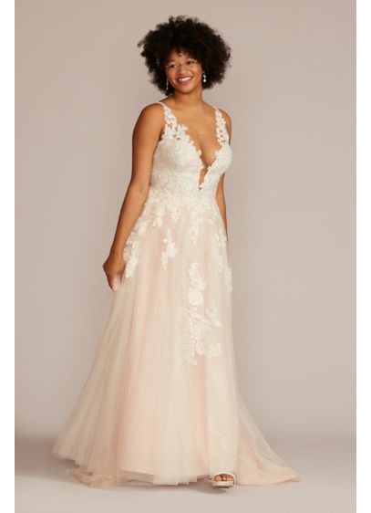 Illusion Plunge V-Neck Lace Plus Size Wedding Gown - The gorgeous beaded lace appliques and three-dimensional flowers