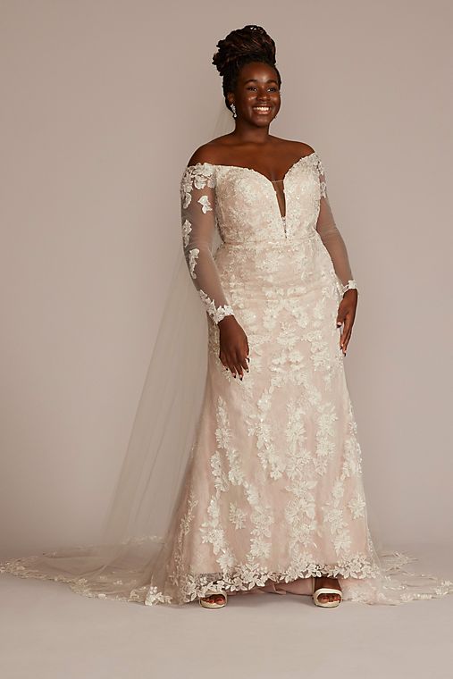 Oleg Cassini Off the Shoulder Lace Sleeve Trumpet Wedding Gown