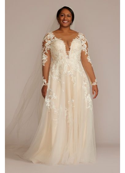 Illusion Button Back Plus Size Wedding Gown - Dive head first into your elegant wedding dreams