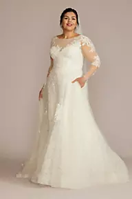 Oleg Cassini High Neck Long Sleeve Illusion Wedding Dress