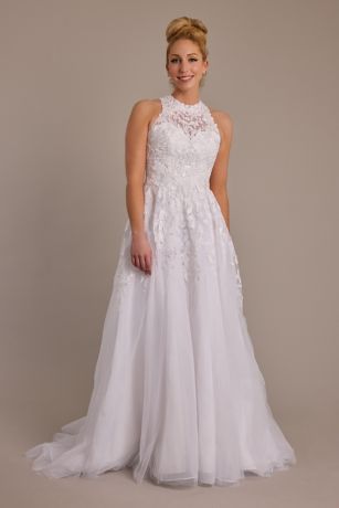 Picture of Oleg Cassini High Neck Lace Applique Tulle Wedding Dress in White Size: 22W David's Bridal