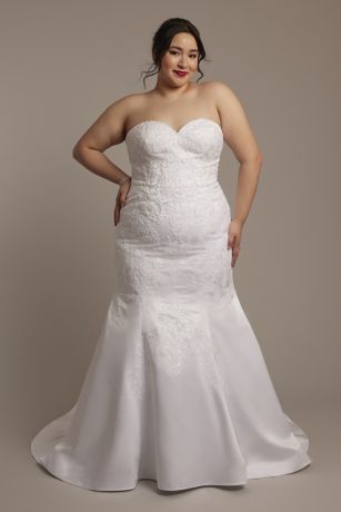 Oleg Cassini Beaded Satin Strapless Mermaid Wedding Dress in White Size: 30W David's Bridal