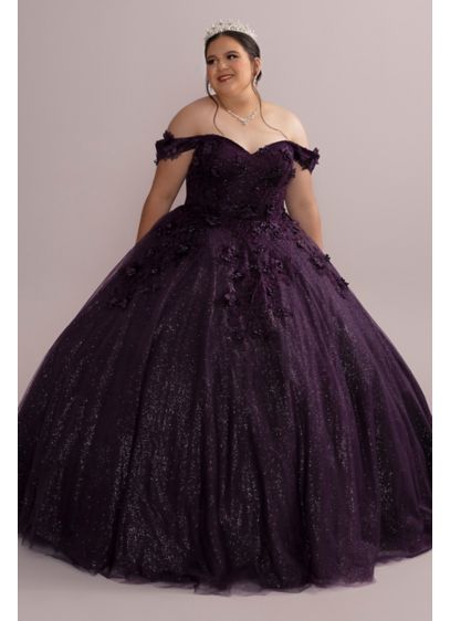 3D Floral Plus Quince Gown with Detachable Sleeves - This sparkling tulle quinceanera ball gown is covered