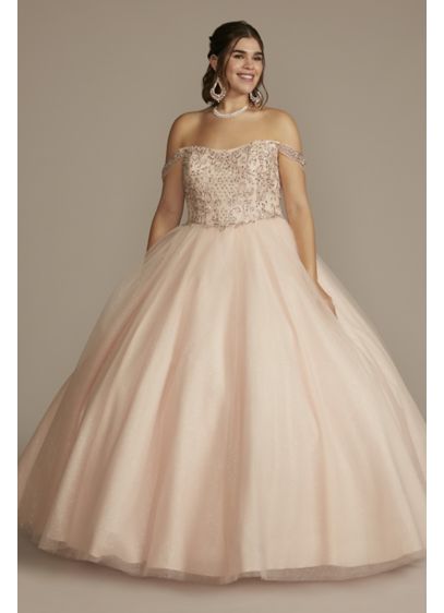 Off-the-Shoulder Beaded Plus Size Quince Ball Gown - Celebra tus quince anos con estilo! A beautifully
