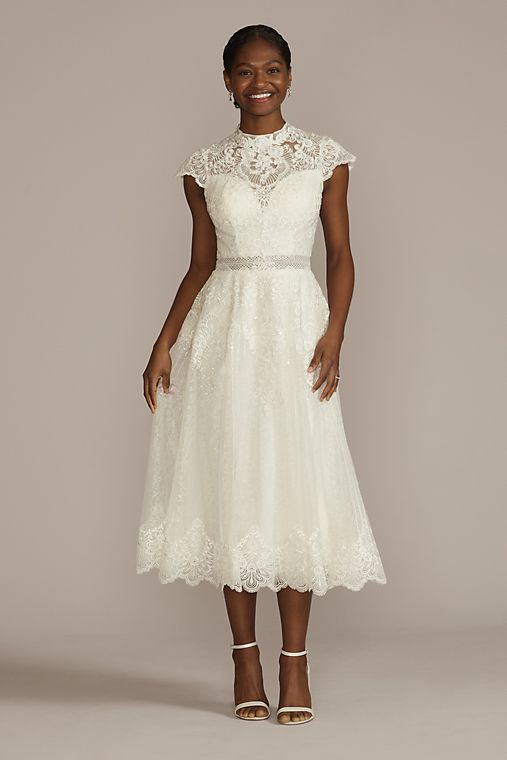 Melissa Sweet Embroidered Mock Neck Tea-Length Wedding Dress