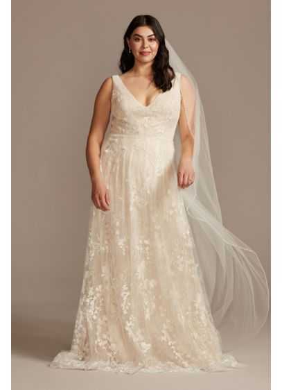 Floral Plus Size Wedding Dress with Veiled Train - Beautifully embroidered tulle layered over micro-pleated lace adds