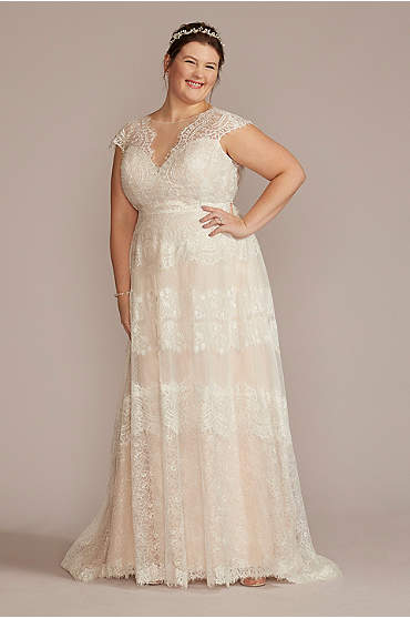 High Neck Cap Sleeve Lace Plus Size Wedding Gown