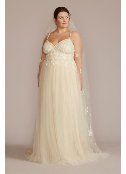 Beaded Lace Applique A-Line Plus Size Wedding Gown - You'll radiate romance with the floral lace appliqued
