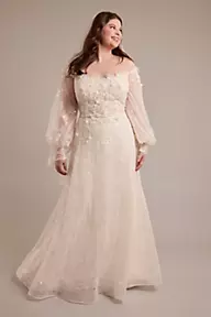 Melissa Sweet Billowy Long Sleeve Off-the-Shoulder Wedding Dress