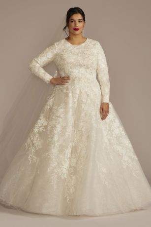 Oleg Cassini Beaded Lace Long Sleeve Modest Wedding Dress in Ivory/Stone Size: 22W David's Bridal