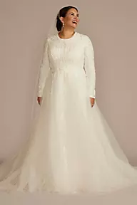 Oleg Cassini Lace Applique Tulle A-Line Modest Wedding Dress