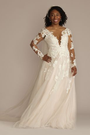 Oleg Cassini Illusion V-Neck Long Sleeve Lace Wedding Gown in Solid Ivory/Cocoa Size: 18W David's Bridal