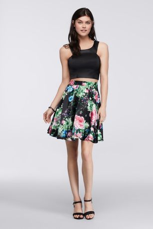 black top with floral skirt dress