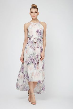 floral print chiffon halter dress with beaded belt