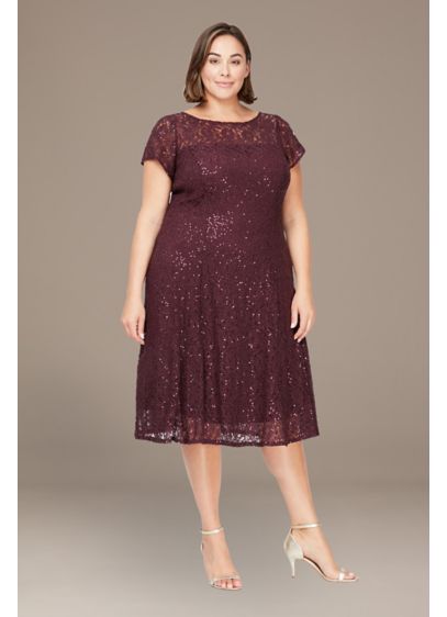 Plus Size Tea Length Illusion Sequin Lace A-Line - Sparkling sequins top intricate lace and add a