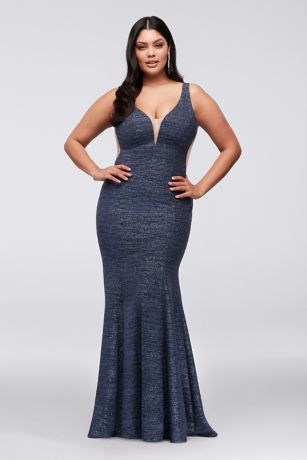 plunge mermaid gown glitter knit neck plus