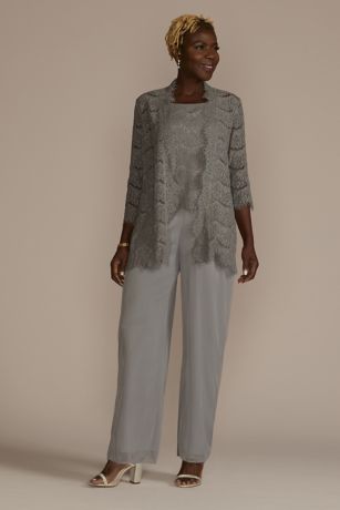 RM Richards Sequin Lace Three-Quarter Sleeve Chiffon Pantsuit