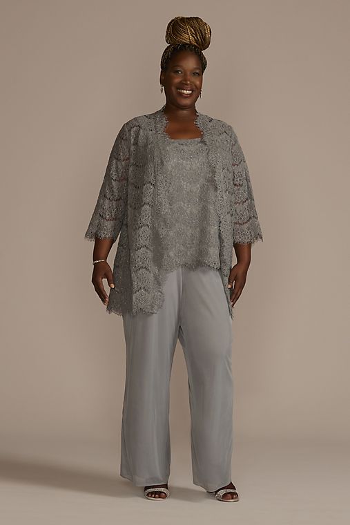 RM Richards Sequin Lace Three-Quarter Sleeve Chiffon Pantsuit