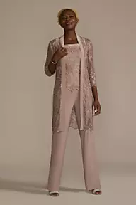 RM Richards Three Piece Embroidered Sequin Lace Pants Suit