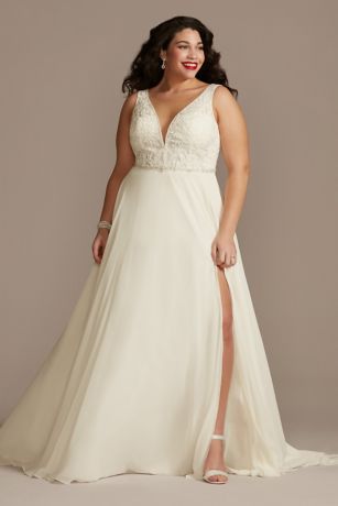 Galina Signature Applique Illusion Chiffon Wedding Dress in White/Cocoa Size: 20W David's Bridal