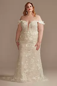 Galina Signature 3D Floral Applique Plunge Sheath Wedding Dress